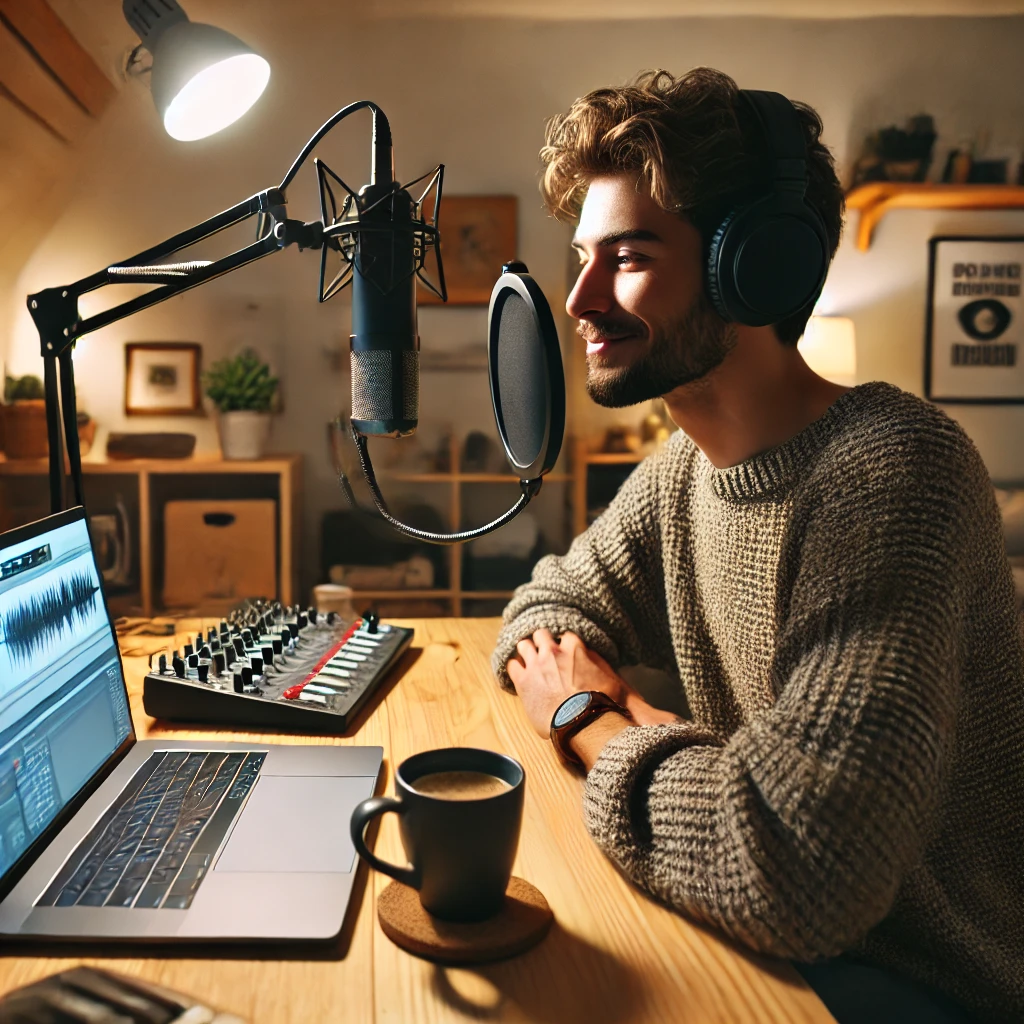 DALL·E 2024 10 01 22.15.16 A person sitting in a cozy home studio recording a podcast alone. They have a professional microphone laptop with audio editing software and soundp solo podcast image