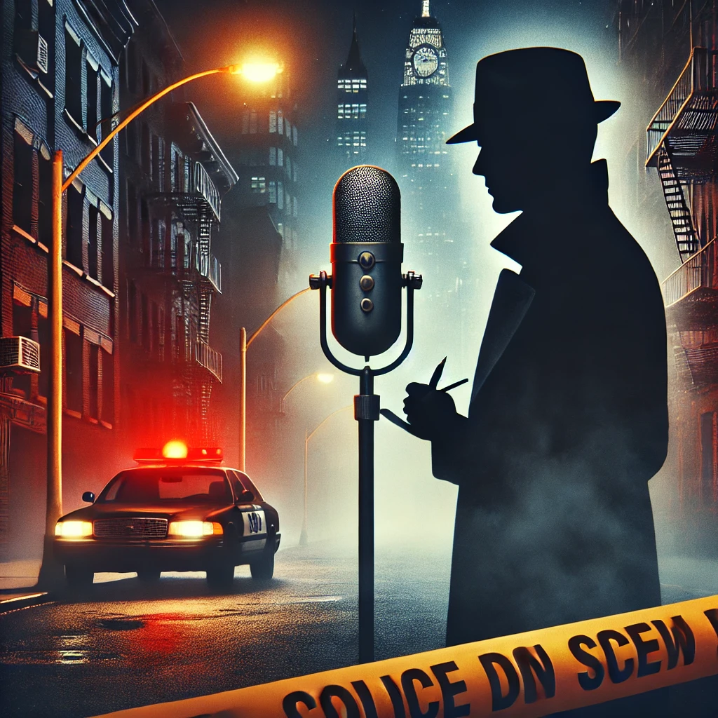 DALL·E 2024 10 04 00.50.09 A dark and mysterious podcast cover for a true crime show featuring a foggy urban street at night with dim streetlights casting long shadows. The sce how to promote true crime podcast