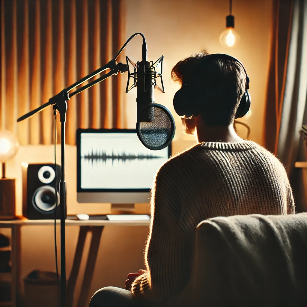 DALL·E 2024 10 06 19.11.18 A person sitting alone in front of a microphone with headphones on speaking passionately into the mic. The background features a cozy minimalist pod Create a Unique Solo Podcast