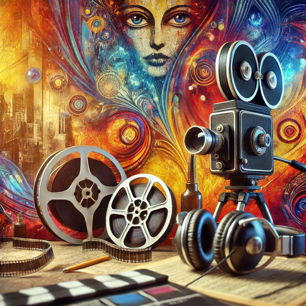 DALL·E 2024 10 06 23.13.37 A vibrant and artistic image representing a Film and Culture Podcast. The scene includes a vintage film camera film reels and headphones set agains Film and Culture Podcast