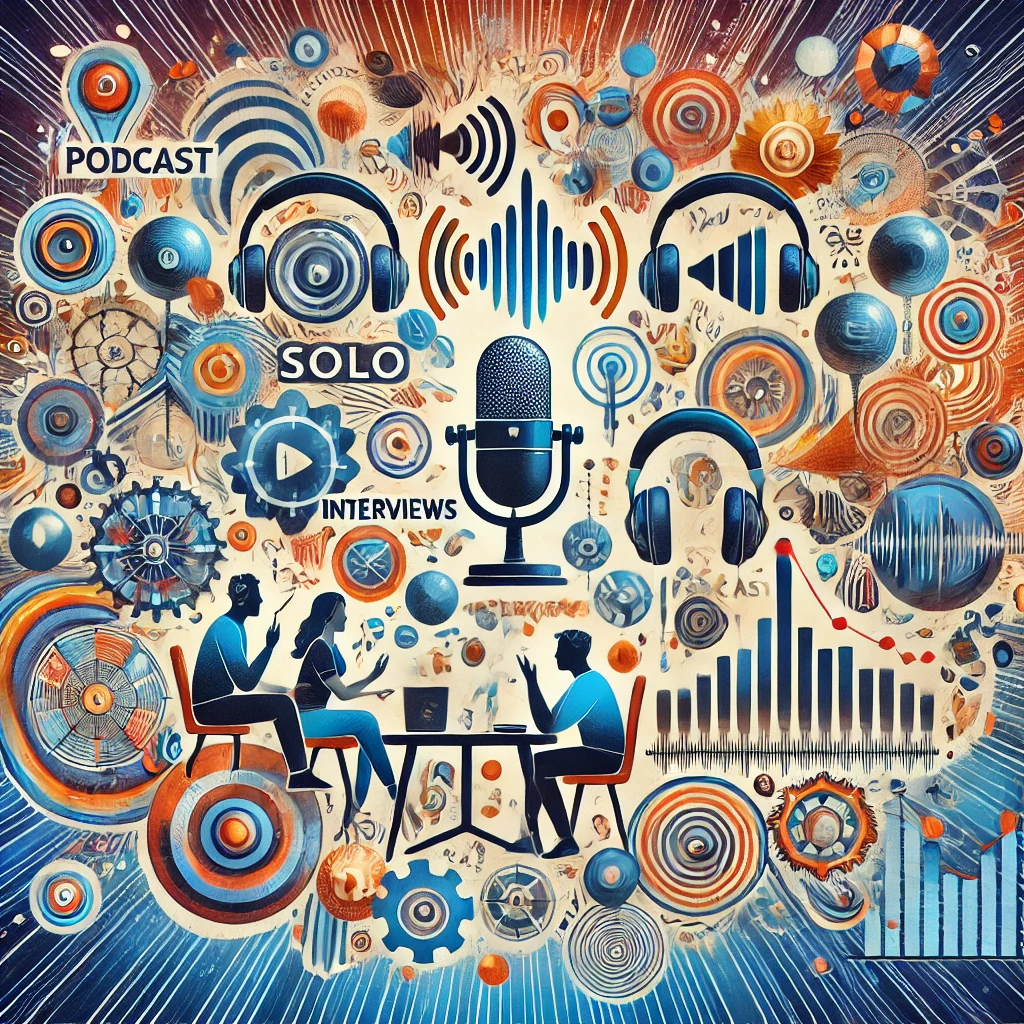 DALL·E 2024 10 06 23.16.52 An artistic representation of diverse formats and approaches in podcasting. The image showcases a collage of various podcast styles including solo i Film and Culture Podcast