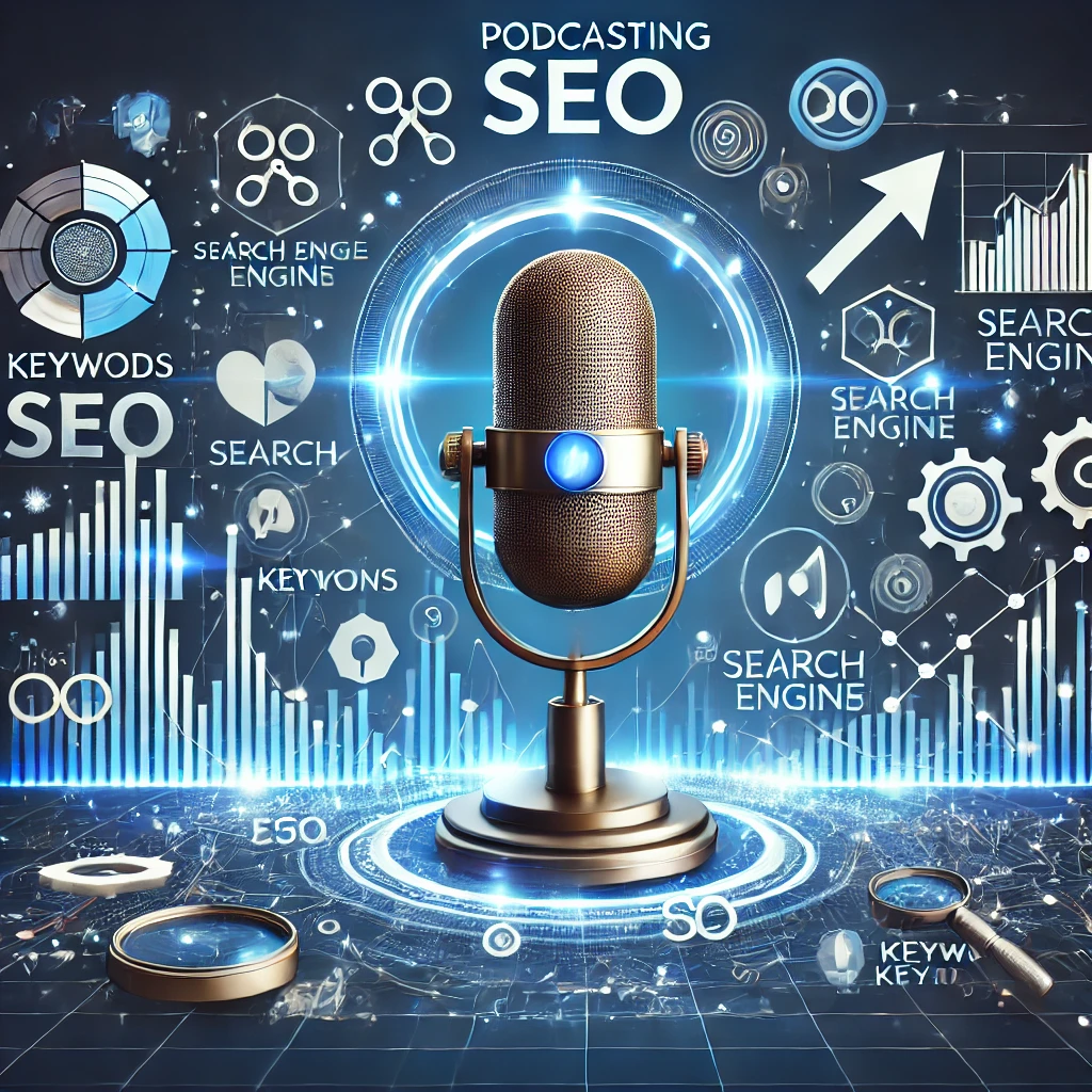 DALL·E 2024 10 07 22.12.18 An image representing podcasting SEO featuring elements like a microphone sound waves search engine icons and analytics charts. The image should c What is podcasting SEO
