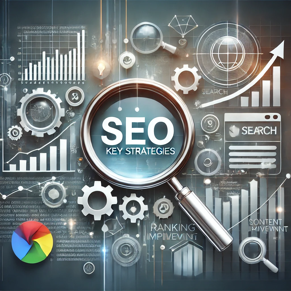 DALL·E 2024 10 07 22.16.06 An image representing key strategies for SEO featuring elements like a magnifying glass over keywords search engine icons analytics charts and arr DALL·E 2024 10 07 22.16.06 An image representing key strategies for SEO featuring elements like a magnifying glass over keywords search engine icons analytics charts and arr