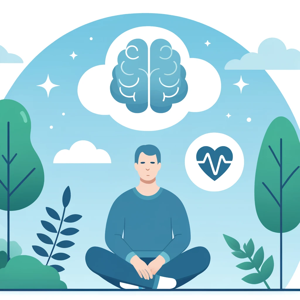 DALL·E 2024 10 09 21.49.31 An image representing mental health featuring a person sitting in a peaceful environment with calming nature elements like trees and clouds. The pers Mental health awareness podcast